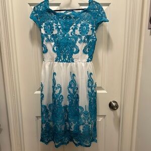 Elegant Blue and White Lace Dress